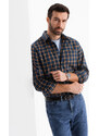 Ombre Cămașă de flanelă cu carouri SLIM FIT pentru bărbați - albastru marin și portocaliu V1 OM-SHCS-0145