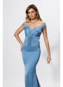 Rochie de ocazie tip sirena cu umerii goi Shyla Indigo-M