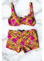 embody Costum baie dama 2 piese, marime mare, slipi tip pantaloni scurti, pink roses 22092