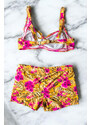 embody Costum baie dama 2 piese, marime mare, slipi tip pantaloni scurti, pink roses 22092